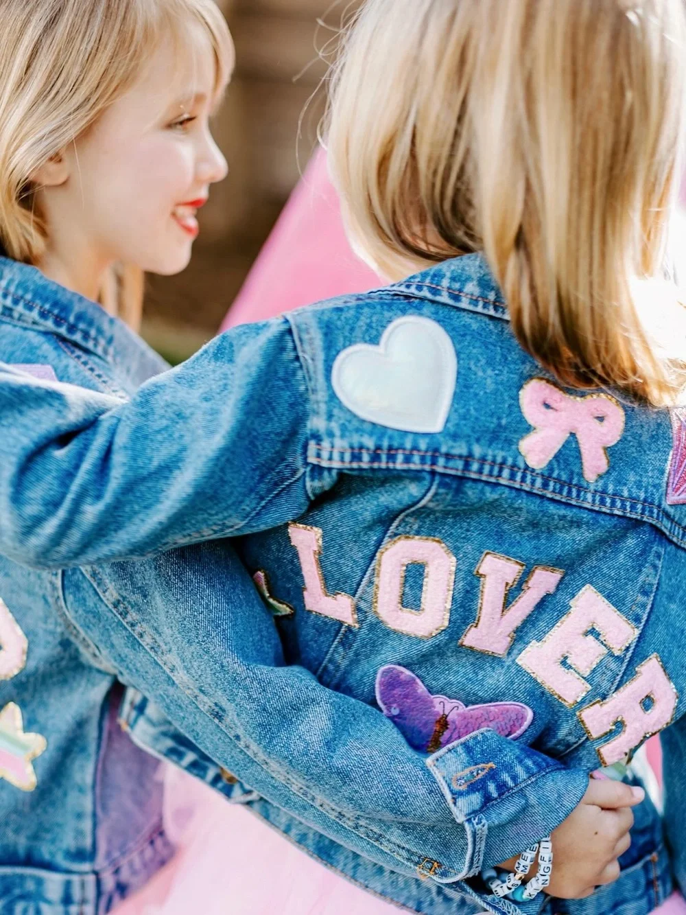 Girls Blue Denim Jacket with Pink 'LOVER' Patches